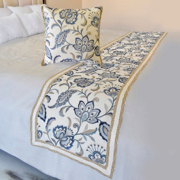 Designer Blue Cotton Full 68"x18" Bed Runner, Floral Morning Glories
