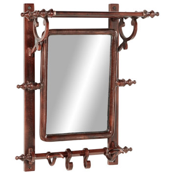Copper Bathroom Wall Rack with Hooks and Rectangular Mirror, 15"x20"