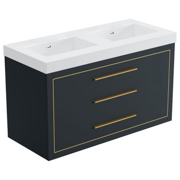 Sherwood 48" Double Vanity Set, Charcoal, Brass Trim, Floating Only