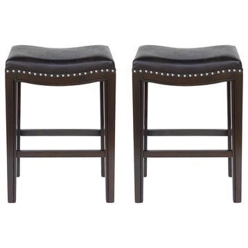 Nadine Contemporary Studded Fabric Counter Stool, Set of 2, Black/Dark Brown/Silver