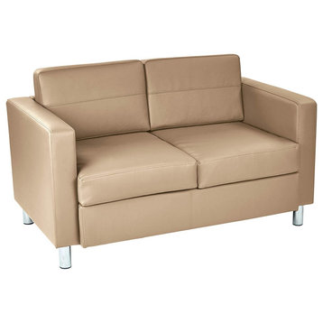 Modern Loveseat, Elegant Chrome Legs With Faux Leather Upholstered Seat, Buff