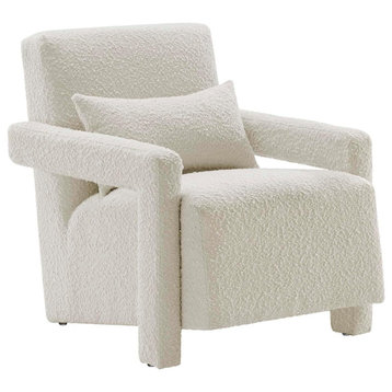 Contemporary Accent Chair, Boucle Seat With Square Angular Armrests, Ivory