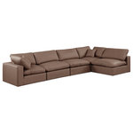 Meridian Furniture - Comfy Upholstered L-Shaped Modular Sectional, Brown, 5-Piece: 3 Armless Chair, 2 Corner Chair, Vegan Leather - Give your space a whole new look with this brown Comfy vegan leather sectional. This handsome sectional fits nicely with other items in the Comfy collection and is a versatile seating option designed for adaptability, comfort and style. Wrapped in rich brown durable vegan leathered upholstery, this sectional offers a plush embrace of overstuffed down feather cushions, carefully crafted to deliver the highest level of comfort. The perfect seat for creating an oasis for relaxation, this sectional has thick foam surrounding its frame for added support and coziness.