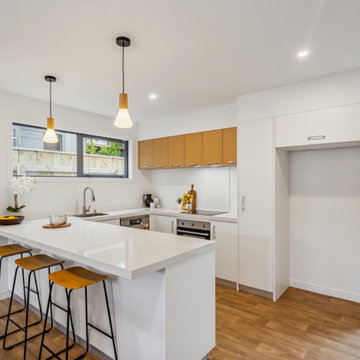 Kitchen Island Breakfast Bar & Tall Pantry Storage Wall