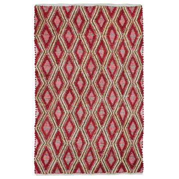 Hand Woven Ivory & Brown High/Low Diamond Geometric Jute Rug by Tufty Home, Natural/Red, 2.5x9