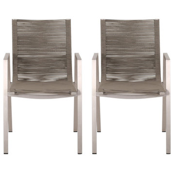 Elma Outdoor Modern Dining Chair With Rope Seat, Set of 2, Silver/Taupe