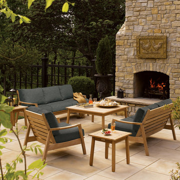 Siena 6-Piece Chat Set - Shorea Natural Side Rails - Heather Black Cushions