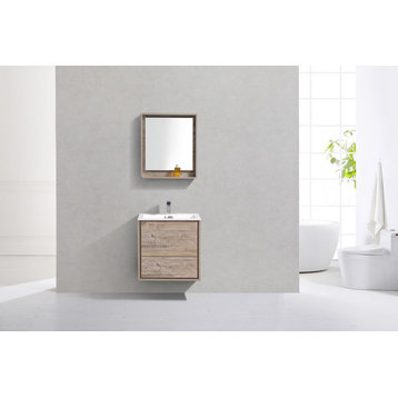 DeLusso 24" Wall Mount Bathroom Vanity, High Gloss White, Nature Wood