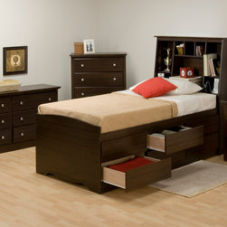 Prepac Kids 4PC Bedroom Set with Tall Bookcase Headboard in Espresso - Bedroom Furniture Sets