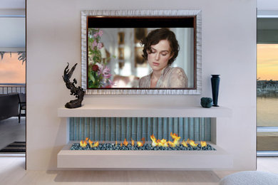 Mid-sized trendy open concept family room photo in Orange County with a ribbon fireplace and a media wall