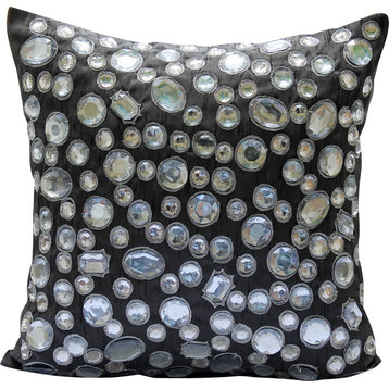Black Decorative Pillow Covers 14"x14" Silk, We Love Bling Bling