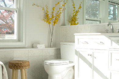 Large elegant master mosaic tile floor and white floor bathroom photo in Boston with recessed-panel cabinets, white cabinets, white walls and an undermount sink