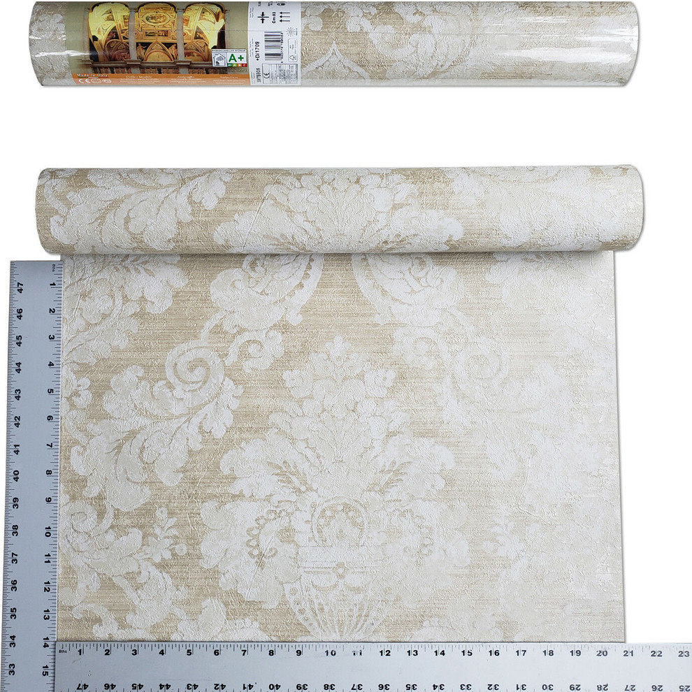 Victorian Wallpaper brass Gold Metallic off white beige damask Textured ...