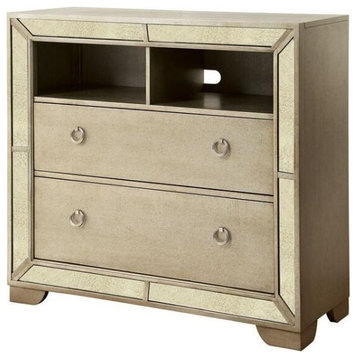 2 Drawers Media Chest With Antique Mirror Panels, Silver