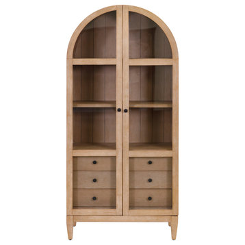 Modern Wood Arched Display Cabinet/Bookcase, Fully Assembled, Light Brown