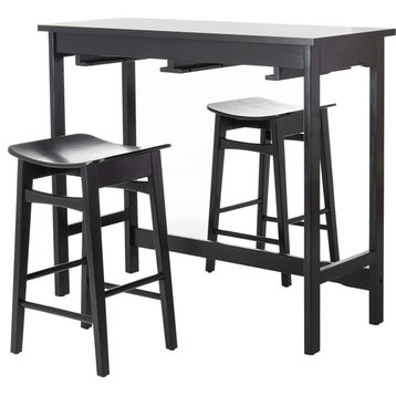 3 Pieces Dining Set, Tabletop With Built In Rack and Backless Stools, Black