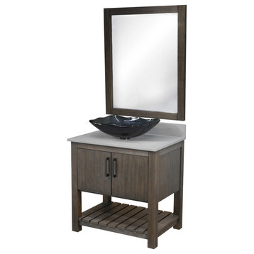 30" Vanity, Storm Grey Quartz Top, Sink, Drain, Mounting Ring, and P-Trap, Matte Black, Mirror Included