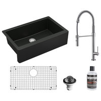 Karran All-in-One Farmhouse Quartz 34" Single Bowl Sink, Black With Faucet