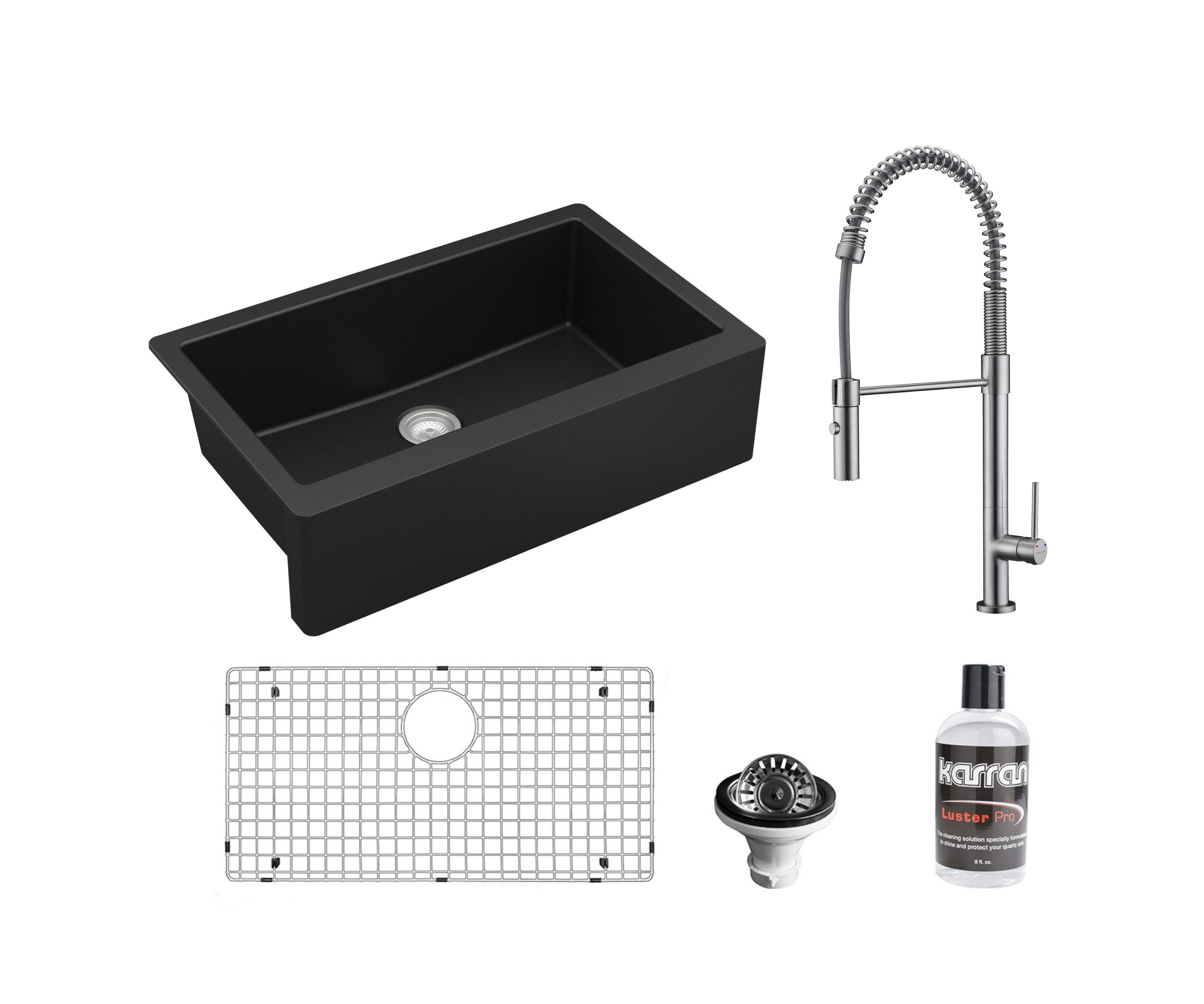 Karran All-in-One Farmhouse Quartz 34" Single Bowl Sink, Black With Faucet