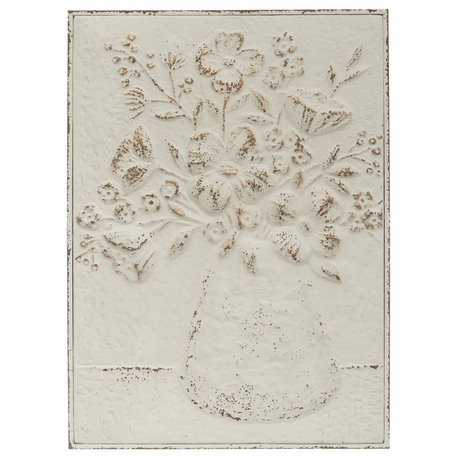 24"H Embossed Flowers in Vase Distressed Metal Wall Décor