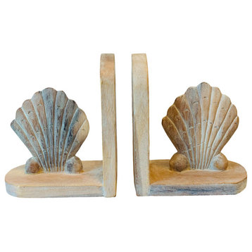 Scallop Shell Bookends Carved Wood Whitewash Finish