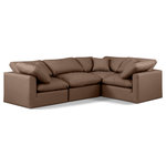 Meridian Furniture - Indulge Upholstered Modular L-Shaped Sectional, Brown, 4-Piece: 1 Armless Chair, 3 Corner Chair, Fiber Stuffed Vegan Leather - Unwind in tranquil elegance with the Indulge Vegan Leather Sectional. Imagine sinking into the plush embrace of this lush sectional, crafted from rich, textured brown vegan leather that feels soft and inviting against your skin. Overstuffed down feather cushions cradle you in cloud-like comfort, while the solid wood frame provides unwavering support. This modular masterpiece isn't just furniture - it's a blank canvas for creating your dream living space. Arrange the versatile pieces in countless configurations, from a sprawling entertainment zone for movie nights to intimate reading nooks for quiet moments. Indulge in the ultimate comfort, endless possibilities, and timeless elegance.
