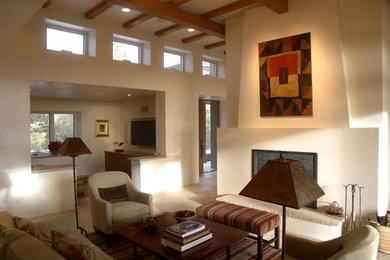 Living room - large contemporary open concept living room idea in Albuquerque with white walls, a standard fireplace and no tv