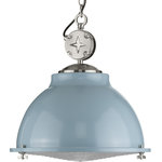 Progress Lighting - Medal Collection Coastal Blue 1-Light Pendant - Inspired by vintage automobile engines, this pendant boasts a signature star motif for added industrial character. The smooth metal shade is coated in a beautiful coastal blue finish. The shade holds a prismatic glass diffuser primed for providing optimal task lighting.