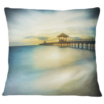 Blue Tinged Seashore with Distant Pier Pier Seascape Throw Pillow, 16"x16"