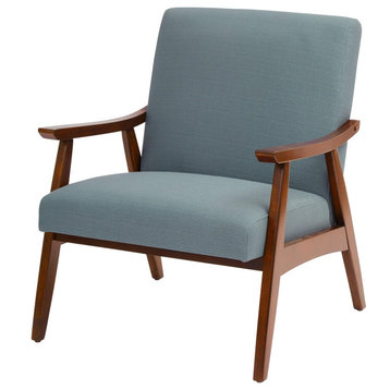 Mid Century Armchair, Wooden Frame With Cushioned Seat and Back, Sea Green