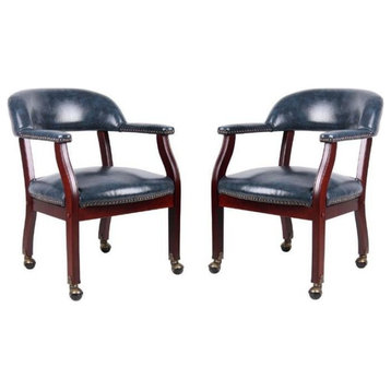 Home Square 2 Piece Casters Captains Chair Set in Blue and Mahogany