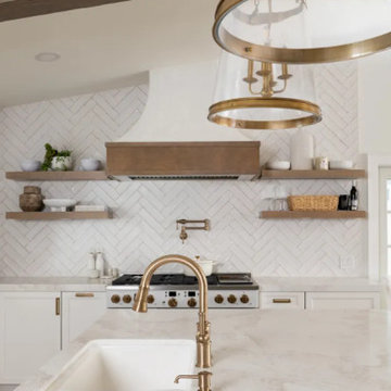 Symmetry & Style: Transitional Kitchen with Brass Touches and Open Shelving