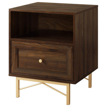Modern Nightstand, Gold Legs With Drawer & Open Shelf, Walnut