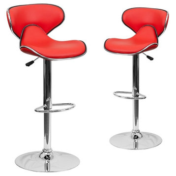 Contemporary Cozy Mid-Back Red Vinyl Adjustable Height Barstools, Set of 2