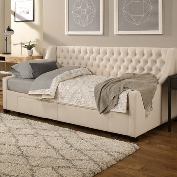 "Steel-Core" Storage Bed with drawers, Tufted Daybed Ivory