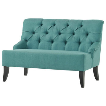 Mid Century Loveseat Settee, Padded Seat & Button Tufted Curved Back, Dark Teal