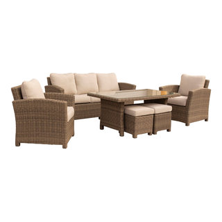 Courtyard Casual Bermuda FSC Teak 4 Piece Seating Set with Sofa, Coffee Table and 2 Club Chairs - Taupe