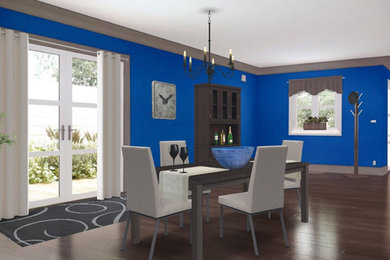 Dining room - modern dark wood floor dining room idea in Atlanta with blue walls