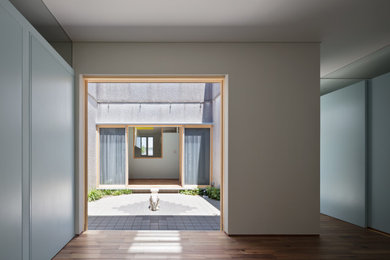 Foto de hall blanco moderno de tamaño medio con paredes grises, suelo de madera oscura y suelo marrón