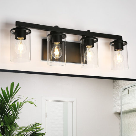 LALUZ Clear Glass Farmhouse Bathroom Vanity Lights, Matte Black, 4-Light