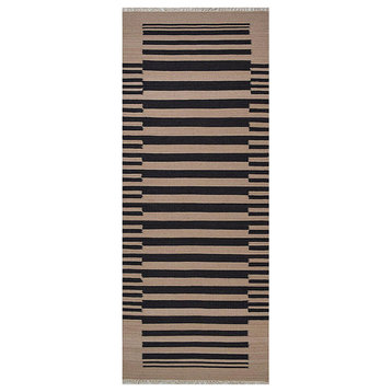 Hand Woven Flat Weave Kilim Wool Area Rug Contemporary Cream Charcoal, [Runner] 2'6''x10'