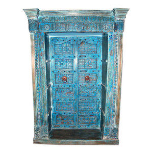 Mogulinterior - Consigned Antique Doors Bookcase India Hand Carved Blue Painted Reclaimed - Bookcases