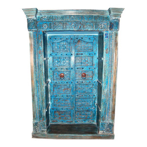 Mogulinterior - Consigned Antique Doors Bookcase India Hand Carved Blue Painted Reclaimed - Bookcases