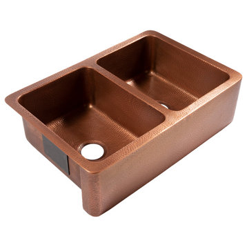 Adams Copper 33" Double Bowl Farmhouse Apron Front Undermount Kitchen Sink