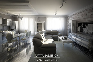 На фото: открытая гостиная комната в стиле лофт с серыми стенами, полом из керамической плитки, телевизором на стене и серым полом