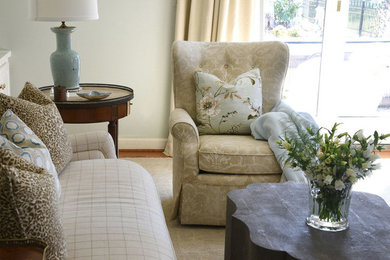 Example of a large classic enclosed medium tone wood floor living room design in San Diego with a music area, yellow walls, a standard fireplace, a stone fireplace and no tv