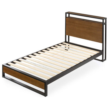 Unique Platform Bed, Thick Grooved Wooden Headboard & USB Charging Ports, Twin