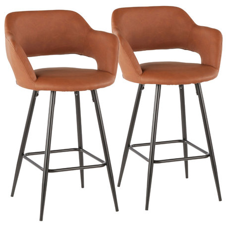 Lumisource Margarite Counter Stool, Black Metal and Brown PU Leather, Set of 2