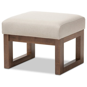 Pemberly Row Upholstered Ottoman in Light Beige and Walnut