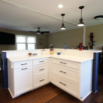 Waypoint Painted Linen Cabinets with Zodiaq Blue Carrara Quartz Countertop